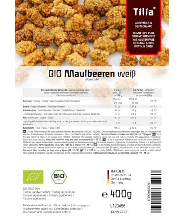Buy Tilia ORGANIC White Mulberries 400g - Premium Dried Fruit for Health | International Shipping - Buy Online on GoSupps.com