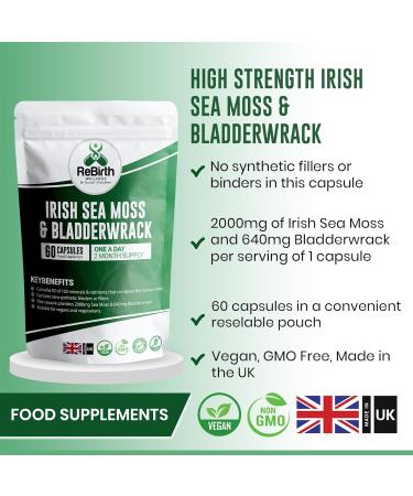 Sea Moss & Bladderwrack Capsules - 60 High Strength - Vegan - No Synthetic Fillers - Made in UK - Buy Online on GoSupps.com
