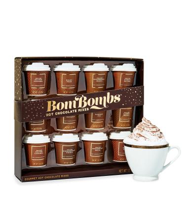 Coffret cadeau de mini chocolats chauds BomBombs dans un emballage marron embl matique. Saveurs desserts : Rocky Road p te tartiner aux biscuits tarte la citrouille et plus encore. Lot de 12.