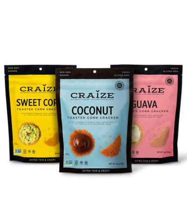 Craize Extra Thin & Crunchy Toasted Corn Crisps Miami Mix - Coconut, Sweet Corn, & Guava Healthy Vegan All Natural Plant Based Crackers Non GMO Snack 4 Oz Each (Sweet 3 Pack)