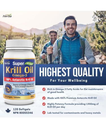 Herba Krill Oil Omega 3 Supplements - 120 Softgels | 1000mg of Antarctic Krill Oil Per Day (2 softgels 500mg each) | Source of Omega 3 Fatty Acids | High Astaxanthin | Premium Grade - 500mg Krill Oil per Soft Gel | 2 Months Supply - Buy Online on GoSupps.com