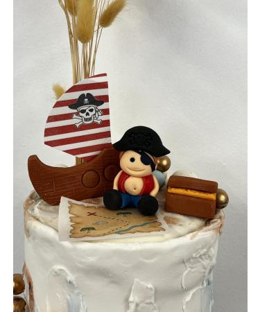 4x Edible Pirate Cake Toppers Set - Handmade Icing Fondant Pirate Ship Bag Map Birthday Baby Showers Cupcake Decor Supplies Comes with an Edible Glue - Buy Online on GoSupps.com