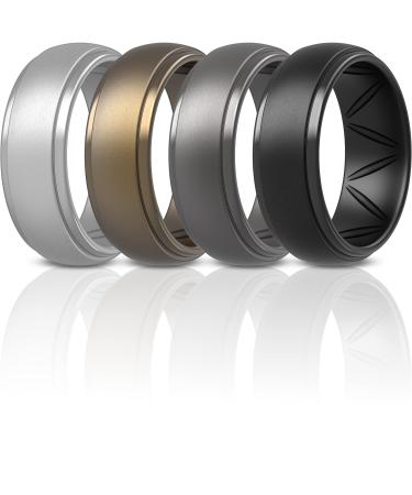 ThunderFit Silicone Rings for Men - Breatheable Airgrooves Step Edge 10mm Wide - 2.5mm Thick 8.5 - 9 (18.90mm) A - Charcoal Black, Silver Grey, Metallic Bronze, Brass Grey