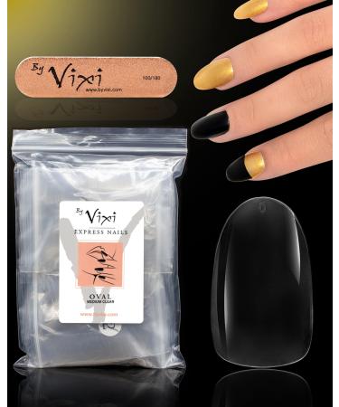By Vixi 600 MEDIUM OVAL NAIL SET with PREP FILE 10 Sizes Clear Express Full Cover False Fingernail Extensions for Salon Professionals & Home Use Oval Medium