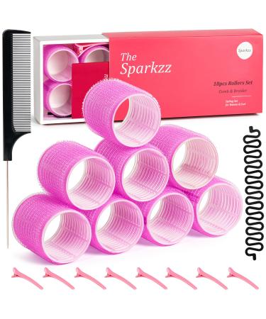 Hair Rollers Set (18Pcs) - 8 Self Grip Rollers for Long & Short Hair Volume & Styling (50mm) 8 Duckbill Hair Clips 1 Braider & 1 Comb No Heat Rollers hair rollers (Pink)