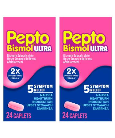 Pepto Bismol ULTRA Caplets Upset Stomach Relief Nausea Relief Heartburn Relief Indigestion Relief Anti Diarrhea Medication for Adults - 5 Symptom Relief 48 ct (2x24 ct) 48 Count