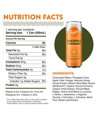 Breezzo Pineapple Turmeric Sparkling Fruit Tonic 12 Fl Oz (12 Pack) - Immunity Booster & Vitamin C Source - Functional Soda Alternative - Pineapple Turmeric Flavor - 12 Count - Buy Online on GoSupps.com