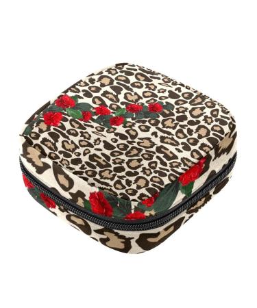 Menstruation bag with zipper women's napkin bag tampons collecting bags for women and girls (leopard pattern and red roses)