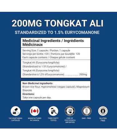 Tongkat Ali 1.5% Eurycomanone Testosterone Booster 200mg Longjack Standardized to Eurycomanone that Helps Promote Testosterone Production Third Party Tested Made In Canada 120 Capsules - Buy Online on GoSupps.com