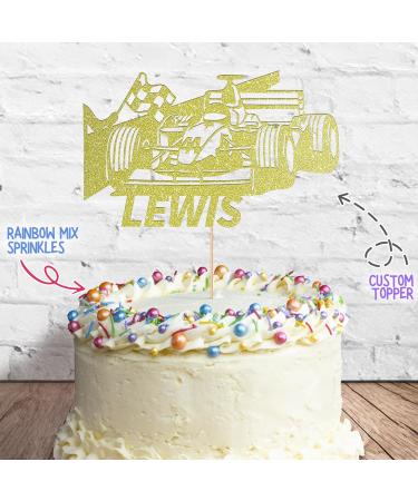 Cakeshop Cake Decoration Pack | F1 Formula 1 Racing Car Premium Double Sided Glitter Card Cake Topper & 25g Party Pack of Cake Sugar Sprinkles | Custom Name Cake Decorations (Champagne) Non-Prime Glitter Card: Champagne - Buy Online on GoSupps.com