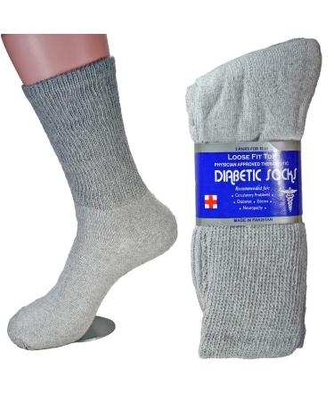 Physicians Approved Diabetic and Circulatory Non-Binding Crew Socks Soft Cotton Pack of 12 Men's Unisex Size 9-11 9-11 Grey