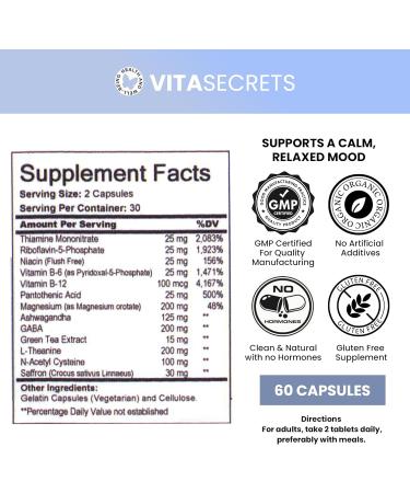 Vitasecrets Calm Stress Relief Supplement - Ashwagandha Capsules GABA Green Tea Extract and L Theanine Boosts Mood Gluten Free No Artificial Colors or Preservatives - 60 Capsules - Buy Online on GoSupps.com