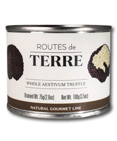 Routes de Terre | Whole Black Summer Truffles Preserved in Natural Juices | Tuber Aestivum | Preserved, Imported, Gourmet | Total Weight 3.5 ounces | Chef-inspired Ingredients