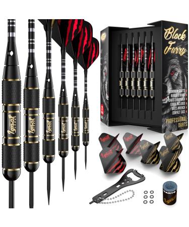 IgnatGames Darts Metal Tip Set - Professional Darts with Stylish Case and Darts Guide Steel Tip Darts Set with Aluminum Shafts + Rubber O'Rings + Extra Flights + Dart Sharpener and Wrench Cherry - Black Furry