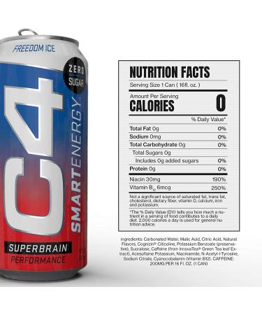 C4 Smart Energy Drink - Sugar Free Performance Fuel & Nootropic Brain Booster | Freedom Ice 16oz - 12 Pack - Buy Online on GoSupps.com