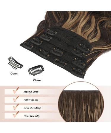 Feshfen Clip-In Hair Extensions - 4PCs Synthetic Wavy Extensions Chocolate Brown & Caramel Blonde Highlights - 50 cm for Women - Buy Online on GoSupps.com