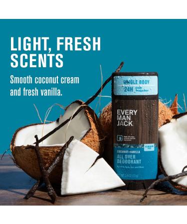 Every Man Jack All Over Deodorant - 24 Hour Whole Body Odor Protection - Aluminum Free - Coconut + Vanilla Scent 2.6 oz (1 Pack) Coconut + Vanilla 2.6 oz (Pack of 1) - Buy Online on GoSupps.com