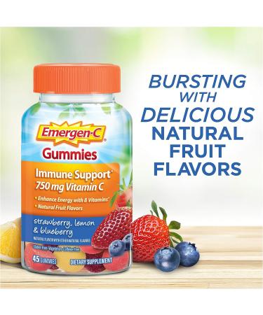 Emergen-C 750mg Vitamin C Immune Support Gummies - Gluten Free - Strawberry, Lemon & Blueberry Flavors - 45 Count Pack - Buy Online on GoSupps.com