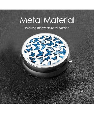 Blue Butterflies Round Pill Box | 3 Compartment Mini Decorative Travel Organizer for Tablets & Vitamins - Buy Online on GoSupps.com