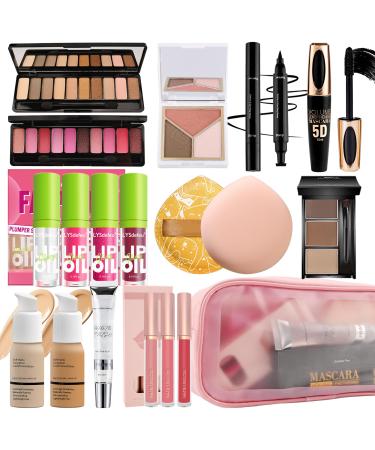 All in One Makeup Set Kit for Women Full Kit Makeup Gift Kit with Everything Mascara Eyebrow Eyeliner Eyeshadow Foundation Face Primer Lip Oil Lip Gloss Blush Highlighter Palette for Women Teens-Set A