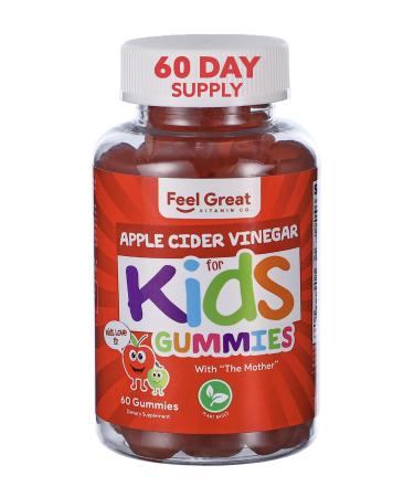 Feel Great Apple Cider Vinegar Gummies for Kids | Rich in Digestive Enzymes & Natural Antioxidants for Gut Health | Vegan Gummy Supports Healthy Nutrient Absorption | 60 Day Supply Kids ACV 500mg