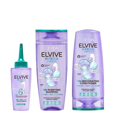 L Or al Paris Elvive Hydra Pure Routine for Oily Roots Scalp & Dehydrated Lengths Powered with Hyaluronic & Salicylic Acids Exfoliating Pre-Shampoo Scalp Serum Shampoo & Conditioner Set