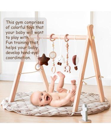 Wooden Baby Play Gym with Mat | Foldable Activity Gym Frame | 5 Hanging Toys | Rainbow Playmats | Newborn Baby Gift (Natural) - Buy Online on GoSupps.com