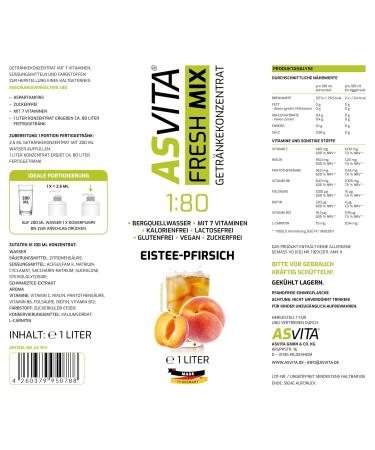 ASVITA Beverage Concentrate Fresh Mix 1:80 - Sugar-Free Syrup in 26 Flavors | Iced Peach Vital Drink - 1L Bottle - Buy Online on GoSupps.com