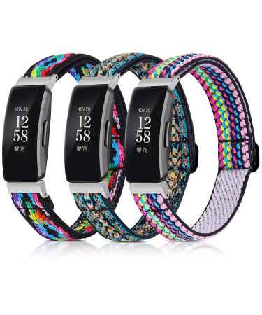 3 Pack Adjustable Fitbit Inspire 2 Bands, Compatible with Fitbit Inspire 2 / Inspire HR/Inspire, Soft Loop Nylon Fabric Breathable Stretchy Replacement Straps for Women/Men Colorful + Posey Green + Rhombus Flower