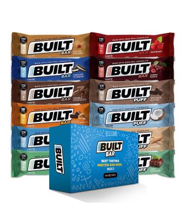Built Bar 12 Flavor Variety Box, High Protein Macro Friendly - Low Carb, Low Calorie, Low Sugar - Covered in 100% Real Chocolate - Delicious, Nutritious, Healthy Snack (12 Flavor Sample Box) Mixed 12 Pack