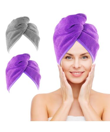 NEXCOVER Microfiber Hair Towel, 2 Pack ( Grey+Purple ) 9.8 inch X 25.5 inch Hair Turbans,Ultra Absorbent,Fast Drying Hair Towel Wraps,Head Towels for Women Wet Hair,Long,Curly,Thick,Frizzy Hair Grey/Purple (2 Pack)