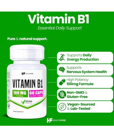 Healthfare Vitamin B1 100mg | 60 Capsules | Thiamine Supplement | Supports Overall Health | Non-GMO | Gluten Free (60 Capsules) 60 Count (Pack of 1) - Buy Online on GoSupps.com
