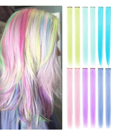 Lskjmo Light Rainbow Wig Pieces Colorful Party Highlights Clip in Colored Hair Extensions Multicolors Straight Synthetic Hairpieces for Women Girls