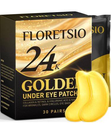 30 Pair - Under Eye Patches for Dark Circles 24K Gold Collagen Eye Mask for Puffy Eyes Reduce Wrinkles and Eye Bags Anti-Aging Retinol Hydrating Gel Eye Pads Skincare Eye Treatment Products 1 Count (Pack of 1)