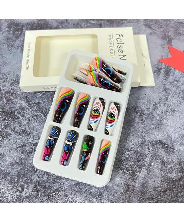 Graffiti Flower Full Cover Coffin Fake Nails with Rainbow Designs - Nail Art Decor for Women & Girls - Buy Online on GoSupps.com