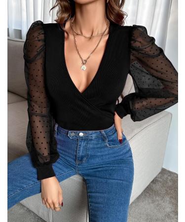 Fayenne Womens Tops Deep V Neck Cross Wrap Sexy Tops Polka Dot Mesh Long Sleeve T Shirt Casual Blouses L Black - Buy Online on GoSupps.com
