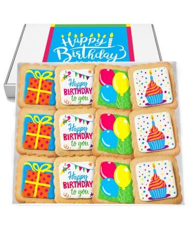 Happy Birthday Cookies 12 PACK Gift Basket | INDIVIDUALLY WRAPPED For Kids Men Women | Decorated Party Favors Gift Box | Nut Free (Birthday Large Box)