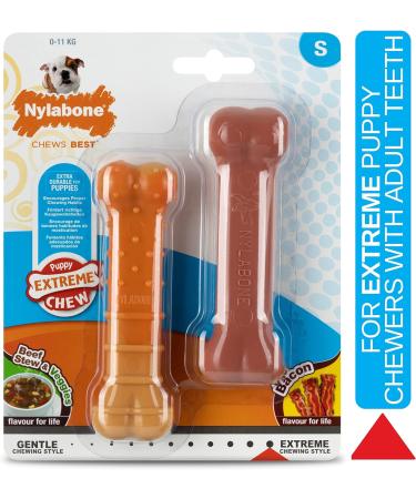 Nylabone Puppy Extreme Tough Chew Toy Bones Twin Pack Beef Stew & Veg and Bacon Flavours Small Brown/orange - Buy Online on GoSupps.com