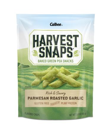 Harvest Snaps Green Pea Snack Crisps Parmesan Roasted Garlic, 3.0 oz (Pack of 4). Plant-based | Baked, never fried | Certified Gluten-Free (Packaging May Vary) 3 Ounce (Pack of 4) Parmesan Roasted Garlic