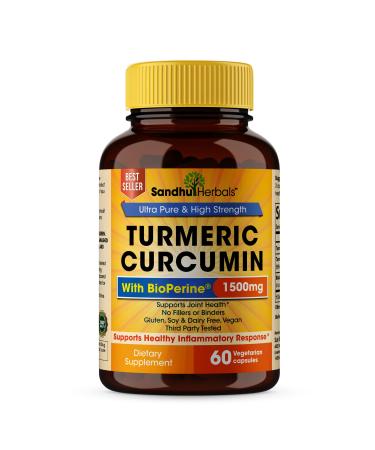Turmeric Curcumin with Black Pepper Extract 1500mg Highest Potency High Absorption Joint & Healthy Inflammatory Support with 95% Curcuminoids 60 Veggi Capsules
