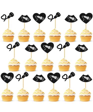 Sonography Cupcake Toppers 24 PCS Ultrasound Cake Decorations for Sonographer X-ray Radiology Technician Nurse Cupcake Picks Glitter Black Sliver