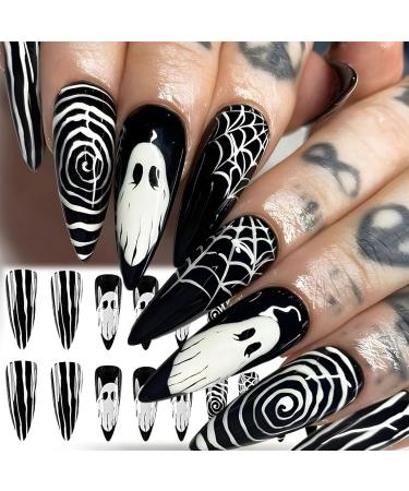 Ghost Face Press On Nails - 24Pcs Glossy White Spider Web Stiletto Halloween Nails | Full Cover Gel Glue-On Acrylics for Women & Girls - Buy Online on GoSupps.com