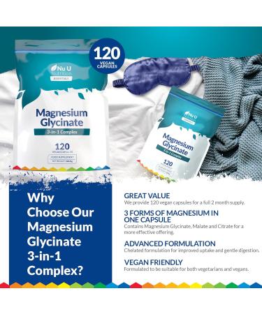 Magnesium Glycinate 3-in-1 Complex 1813mg - 120 Vegan Capsules - Triple High Absorption Bisglycinate Citrate & Malate - 384mg Elemental Mag per Serving - Made in The UK - Nu U Nutrition - Buy Online on GoSupps.com