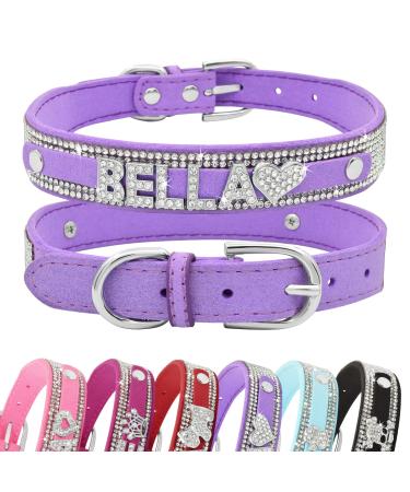 Senristar Personalized Bling Rhinestone Dog Collar with Name Custom Glitter Crystal Diamond Dog Collar for Small Medium Large Dogs M (Width 2.0 cm Neck Girth 32-38 cm) Purple