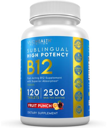 Vivid Health Nutrition Energy Boosting Vitamin B12 Sublingual | Quick Dissolve Vegan B-12 with Methylcobalamin for Metabolic & Brain Support 120 Fruit Punch Tablets