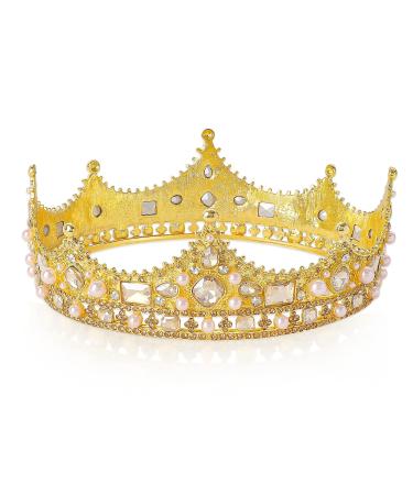 Metal King Crowns for Men  Baroque Vintage Rhinestones Pearl Wedding Tiara  Cosplay Homecoming Birthday Party Crowns Champagne Gold