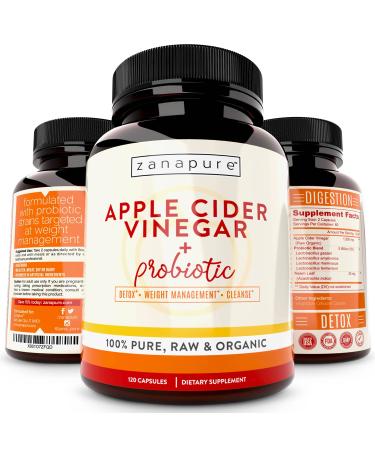 Zanapure Premium Apple Cider Vinegar Capsules | with The Mother| Detox & Gut Friendly Probiotics (5 Billion CFUs) | 120 Capsules (2 Months Supply) | Made in USA