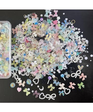 3D Nail Charms 400 Pcs Multi Shapes Lollipop Butterfly Flower Bear Bow Heart Nail Art Charms Nail Rhinestones Gems Nail Pearls for Nail Art Decoration Jewelry Accessories DIY Crafts (Multi-colored A)