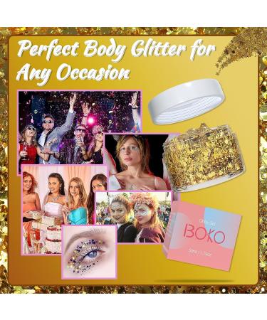 Boko 1.76oz Gold Body Glitter Gel - Chunky Liquid Mermaid Sequins for Face, Hair & Body Makeup - Perfect for Festivals & Raves - Buy Online on GoSupps.com