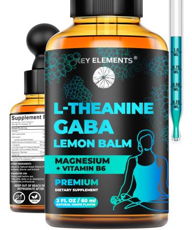 KEY ELEMENTS Liquid GABA with L Theanine Supplement | GABA 500mg and L-Theanine 200mg with Lemon Balm Extract and Magnesium with Vitamin B6